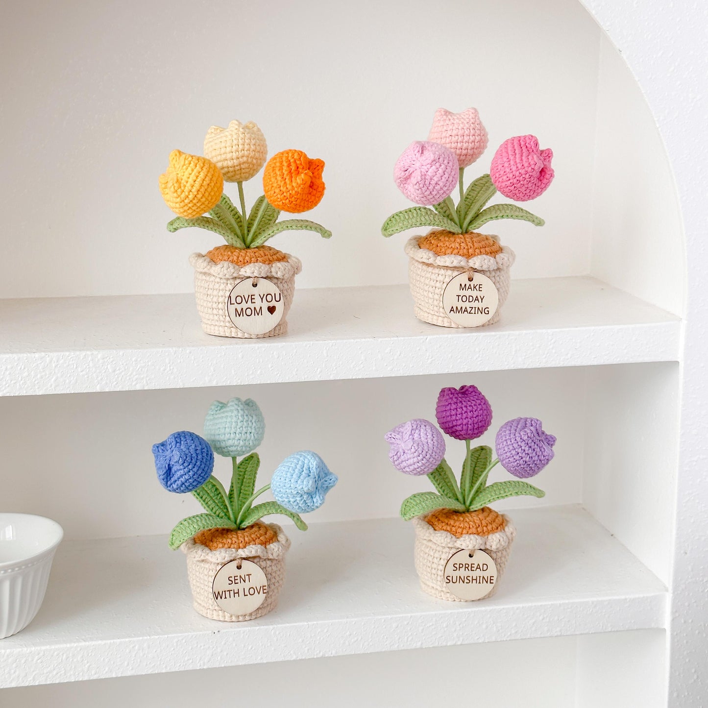 Crochet Tulip in Pot: Handmade Desk Decor with Positive Affirmation
