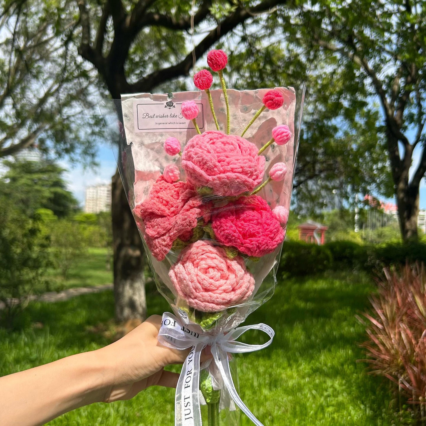 Crochet Pink Lily Flowers Bouquet,Handmade Rose,Tulip,Anniversary,Birthday,Congratulate,Valentine's Day Gift for Girlfriend,Sister,Mom,Lover