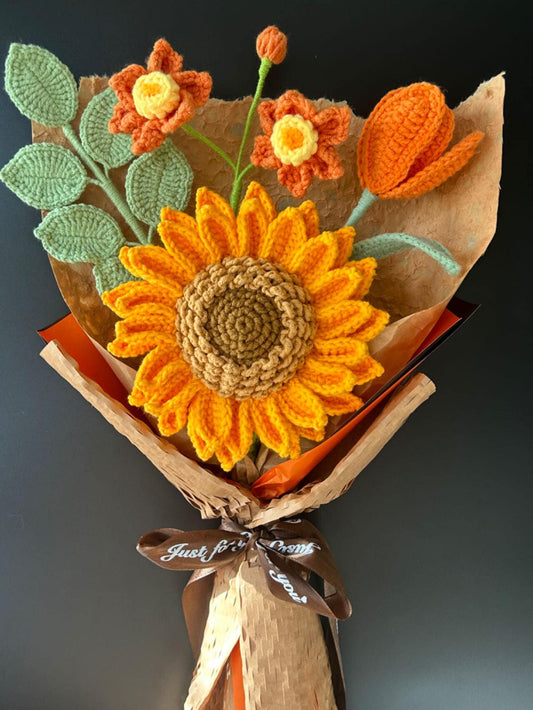 Handmade Crochet Flower Bouquet: Sunflower, Tulip Home Decor