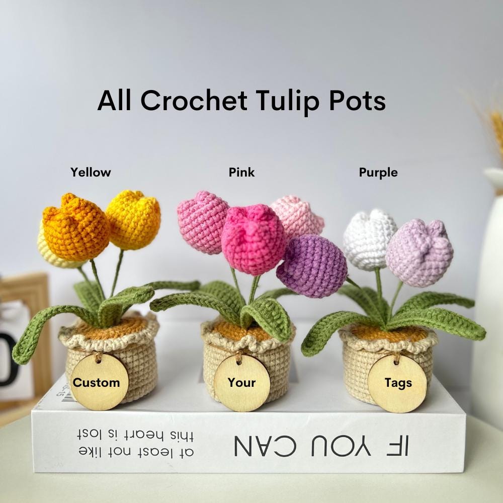Crochet Flower Pot: Sunflower, Tulip - Desk Decor Gift