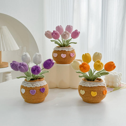 Crochet Tulip Flower Pot, Home Decor with Affirmation Tag