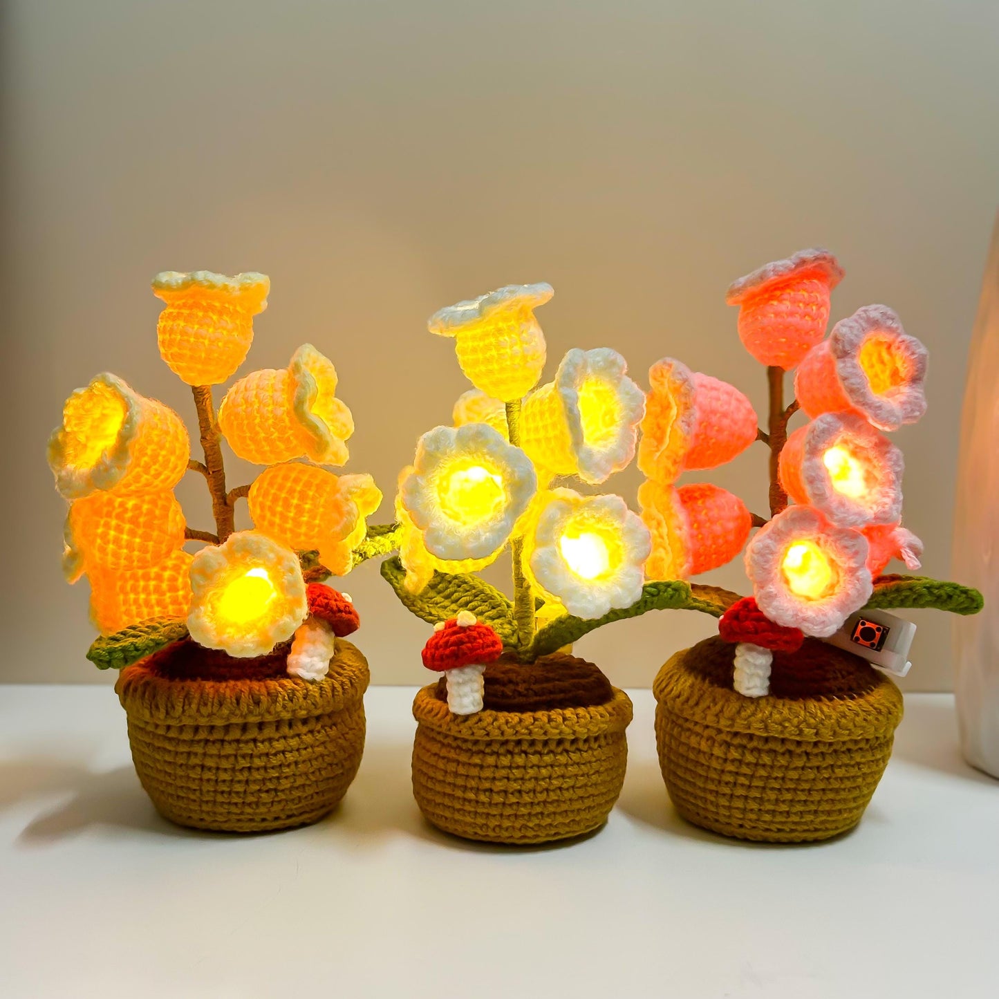 Crochet Lily of the Valley Lamp: Potted Flower Light, Home Decor