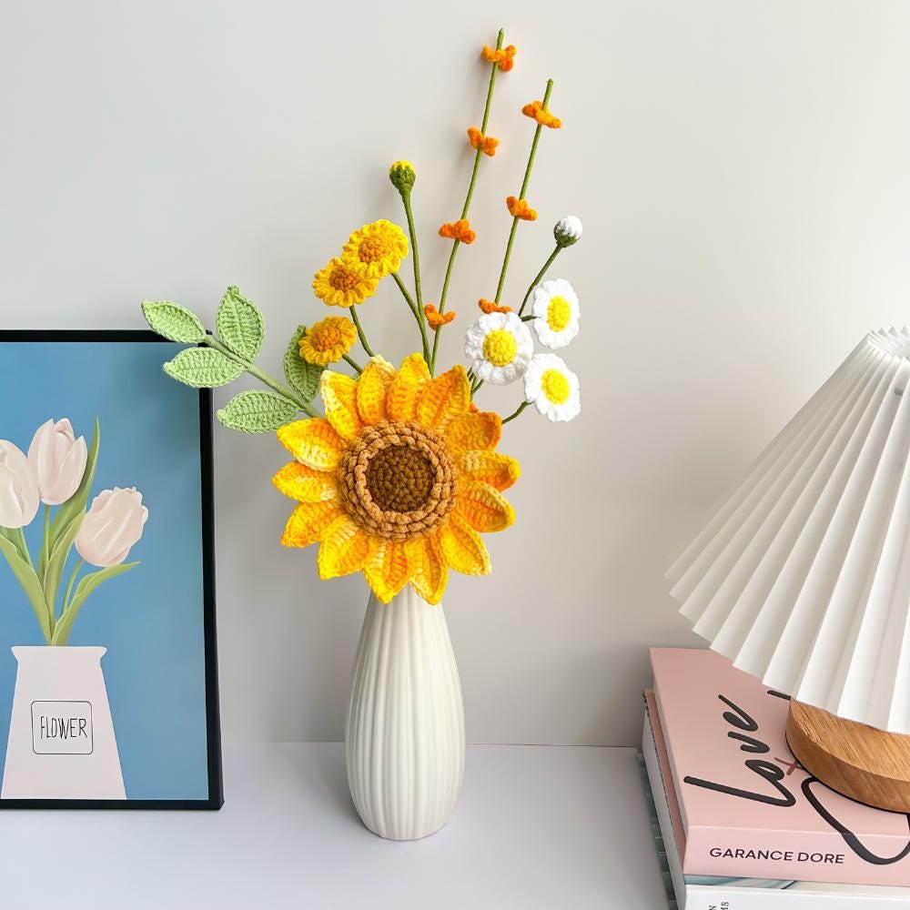 Crochet Sunflower Bouquet: Handmade Yarn Flowers, Home Decor Gift