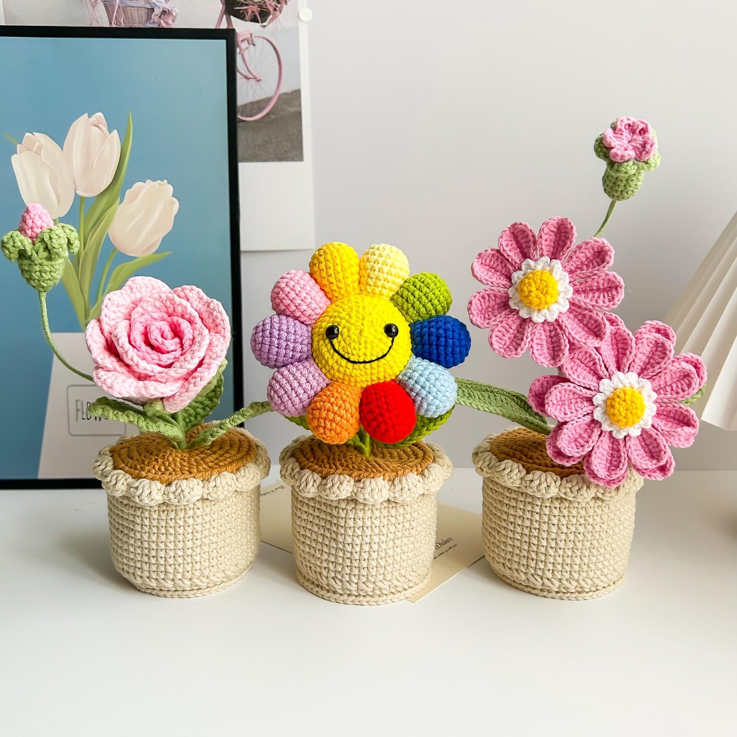 Crochet Flowers in Pot: Handmade Rose, Sunflower, Lily of the Valley