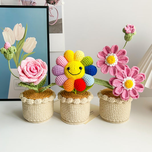 Crochet Flowers in Pot: Handmade Rose, Sunflower, Lily of the Valley