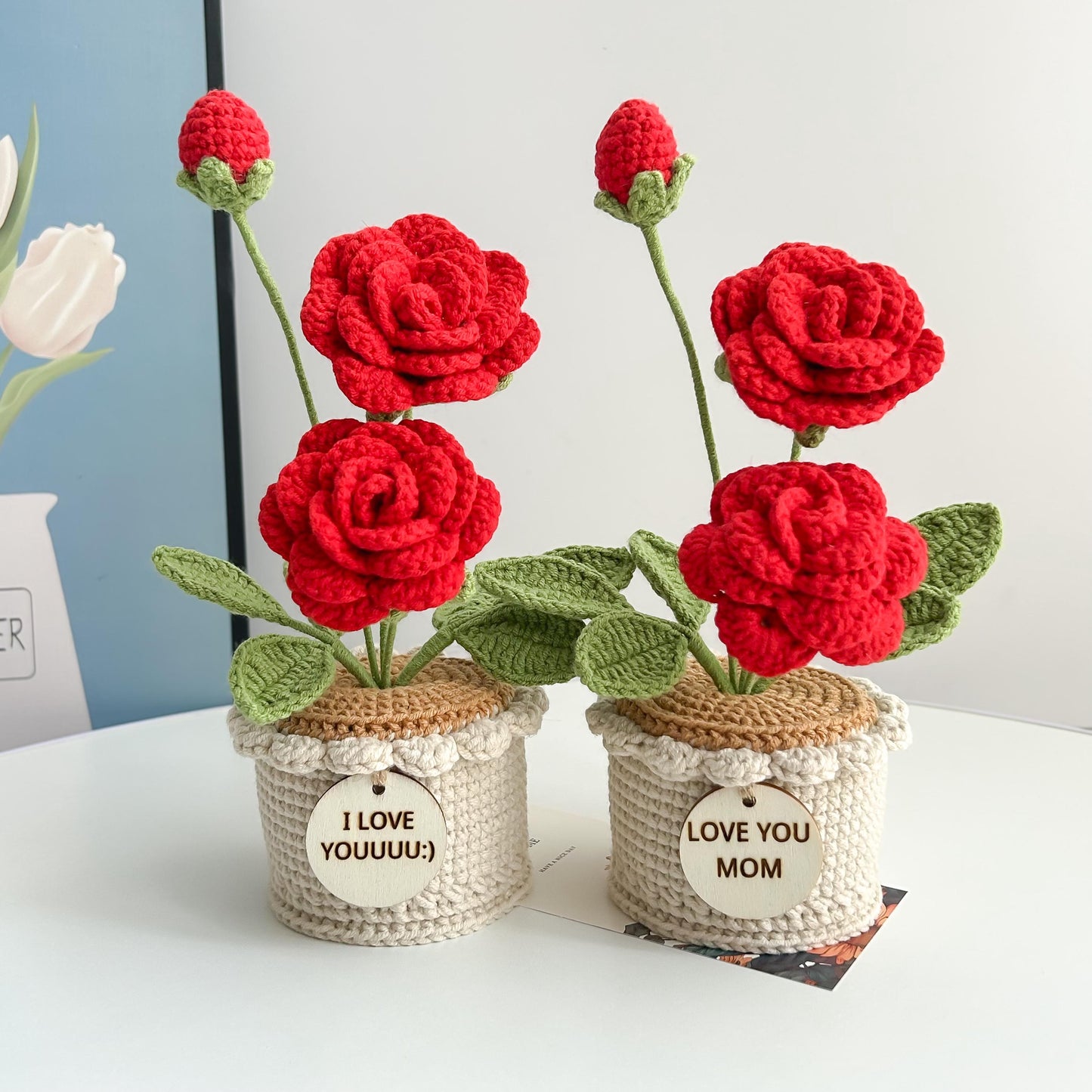Handmade Crochet Potted Rose Plant: Personalized Mom Gift