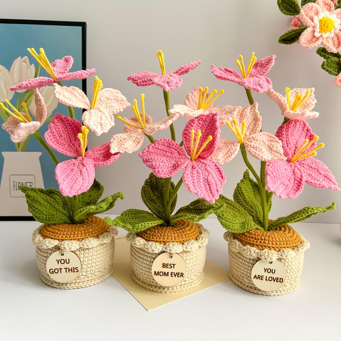Crochet Lily of the Valley, Personalized Potted Flower with Custom Tag
