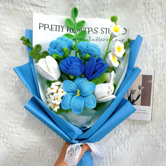 Crochet Blue Flowers Bouquet,Handmade Tulip,Rose Flowers,Purple,Pink,Red Bouquet,Birthday,Anniversary,Congratulations,Christmas gifts