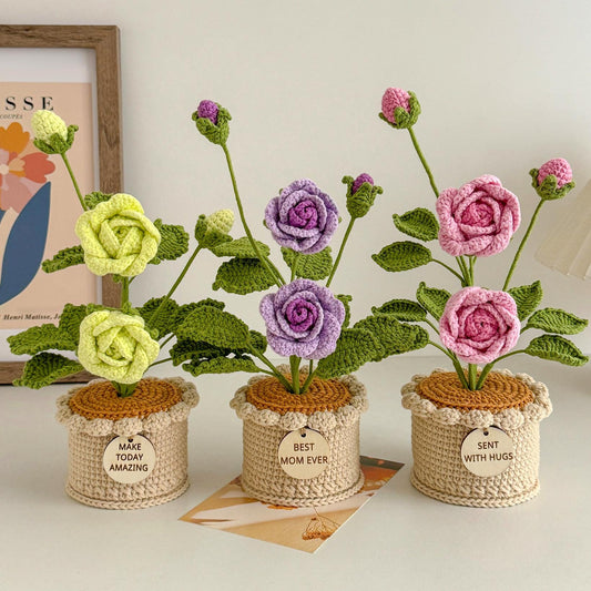 Crochet Rose Potted Plant, Handmade Floral Gift