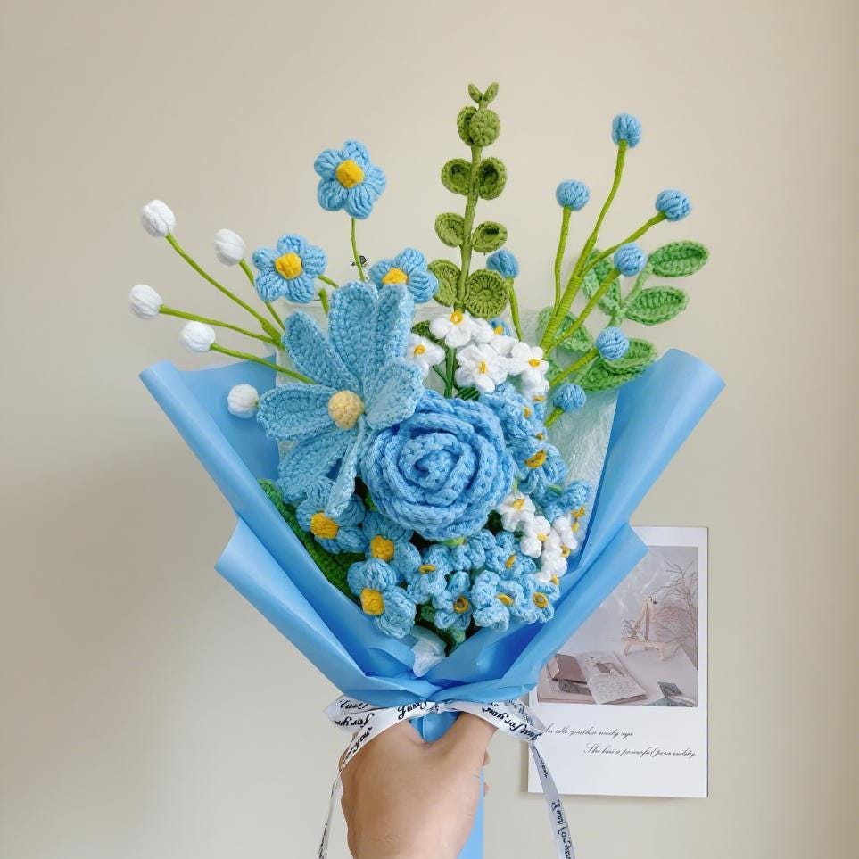 Crochet Blue Flower Bouquet,Handmade Tulip,Lily,Rose Flowers Bouquet,Forever Flowers,Birthday,Anniversary,Congratulate,Appreciation Gifts