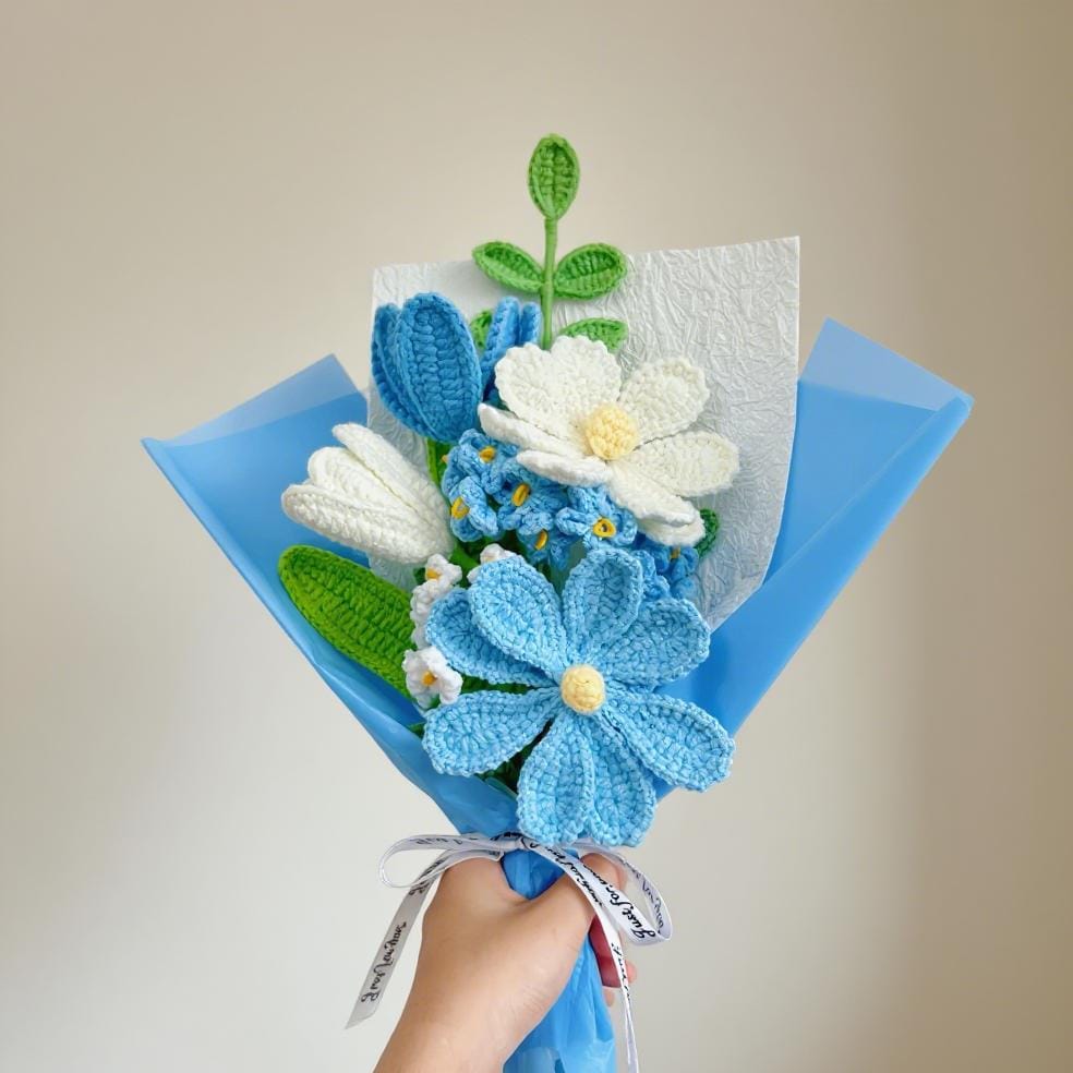 Crochet Blue Flower Bouquet,Handmade Tulip,Lily,Rose Flowers Bouquet,Forever Flowers,Birthday,Anniversary,Congratulate,Appreciation Gifts
