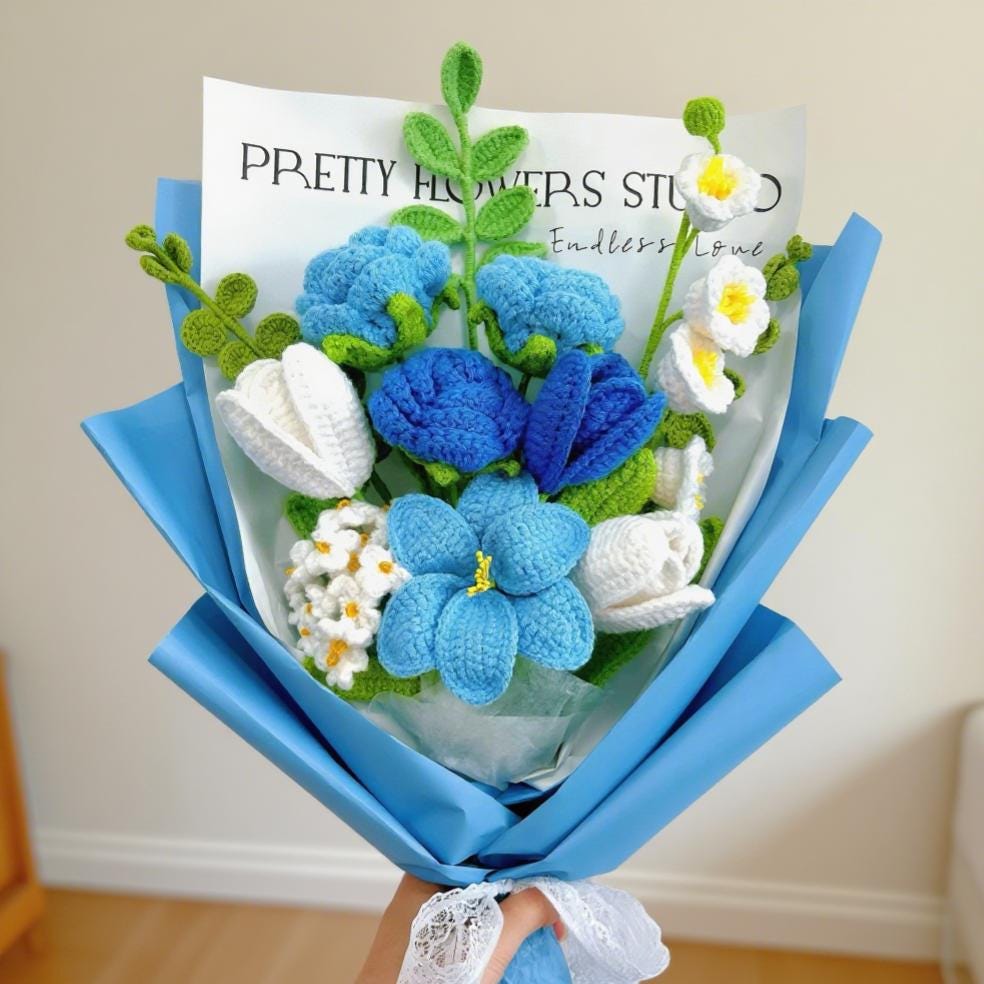 Crochet Blue Flower Bouquet,Handmade Tulip,Lily,Rose Flowers Bouquet,Forever Flowers,Birthday,Anniversary,Congratulate,Appreciation Gifts