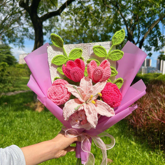 Crochet Pink Lily Flowers Bouquet,Handmade Rose,Tulip,Anniversary,Birthday,Congratulate,Valentine's Day Gift for Girlfriend,Sister,Mom,Lover