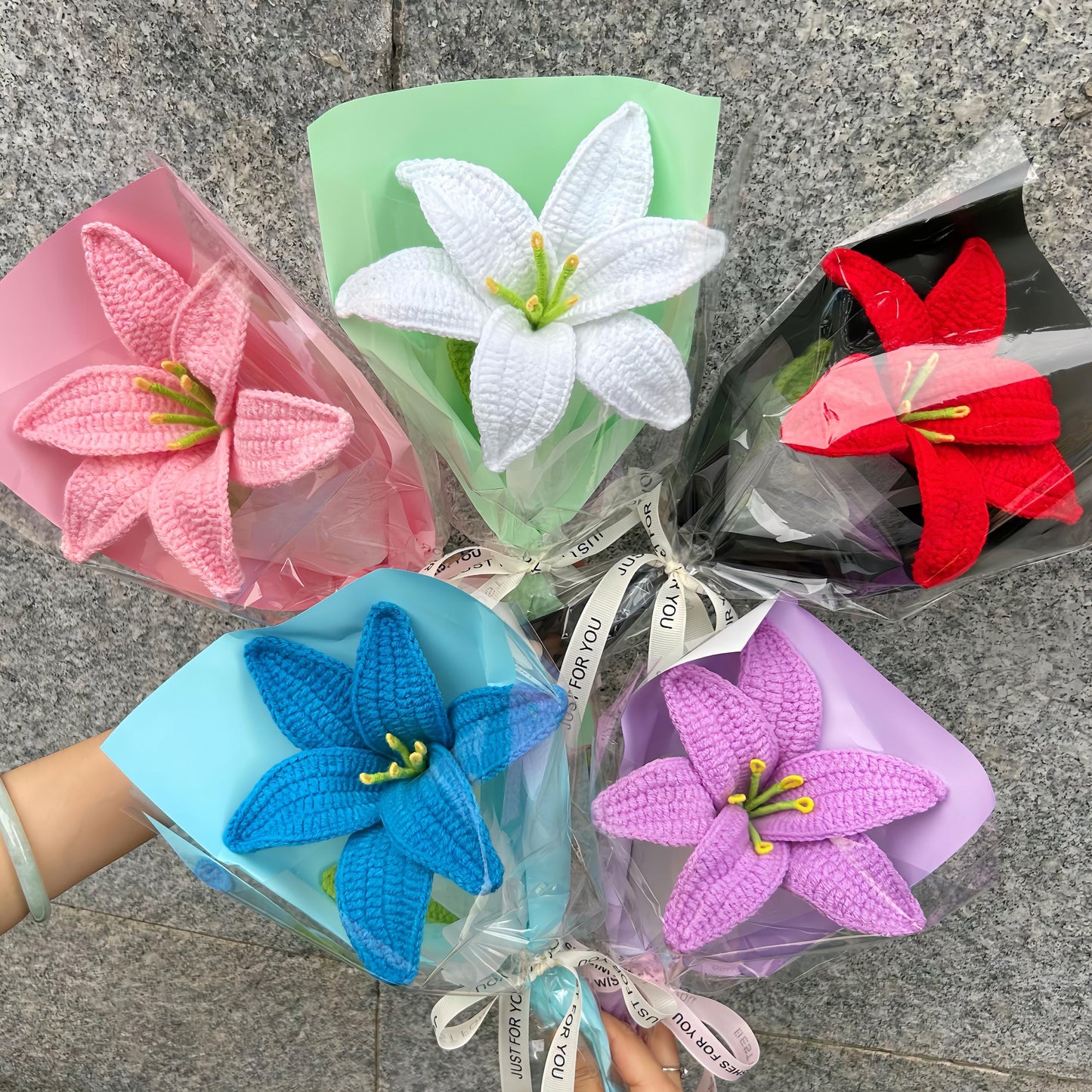 Crochet Lily Flower Bouquet,Pink,Purple,Blue,White,Red Lily Bouquet,Birthday,Anniversary,Thank you,Friendship,Congratulation Gift for Her