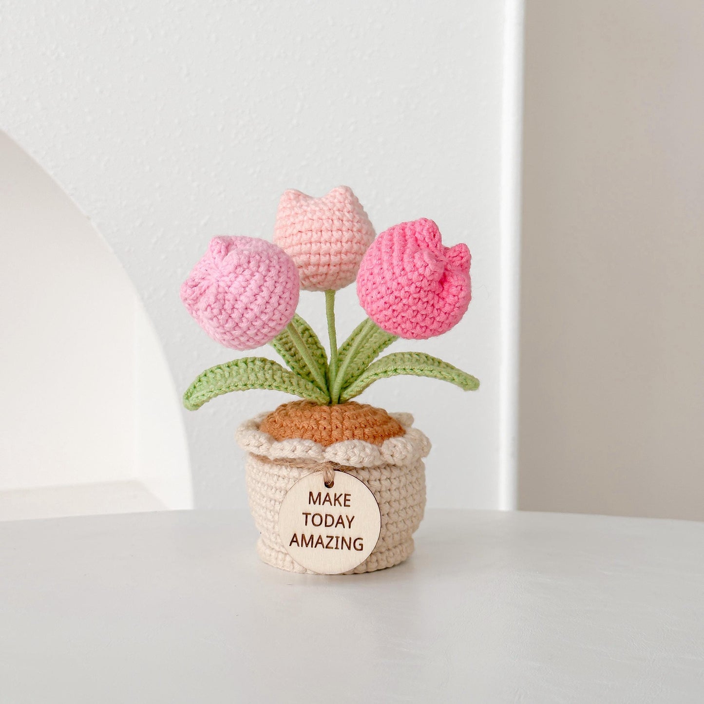 Crochet  Tulip/Rose Flower Pot: Handmade Desk Decor with Positive Affirmation