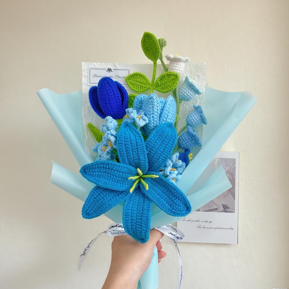 Crochet Blue Flower Bouquet,Handmade Tulip,Lily,Rose Flowers Bouquet,Forever Flowers,Birthday,Anniversary,Congratulate,Appreciation Gifts