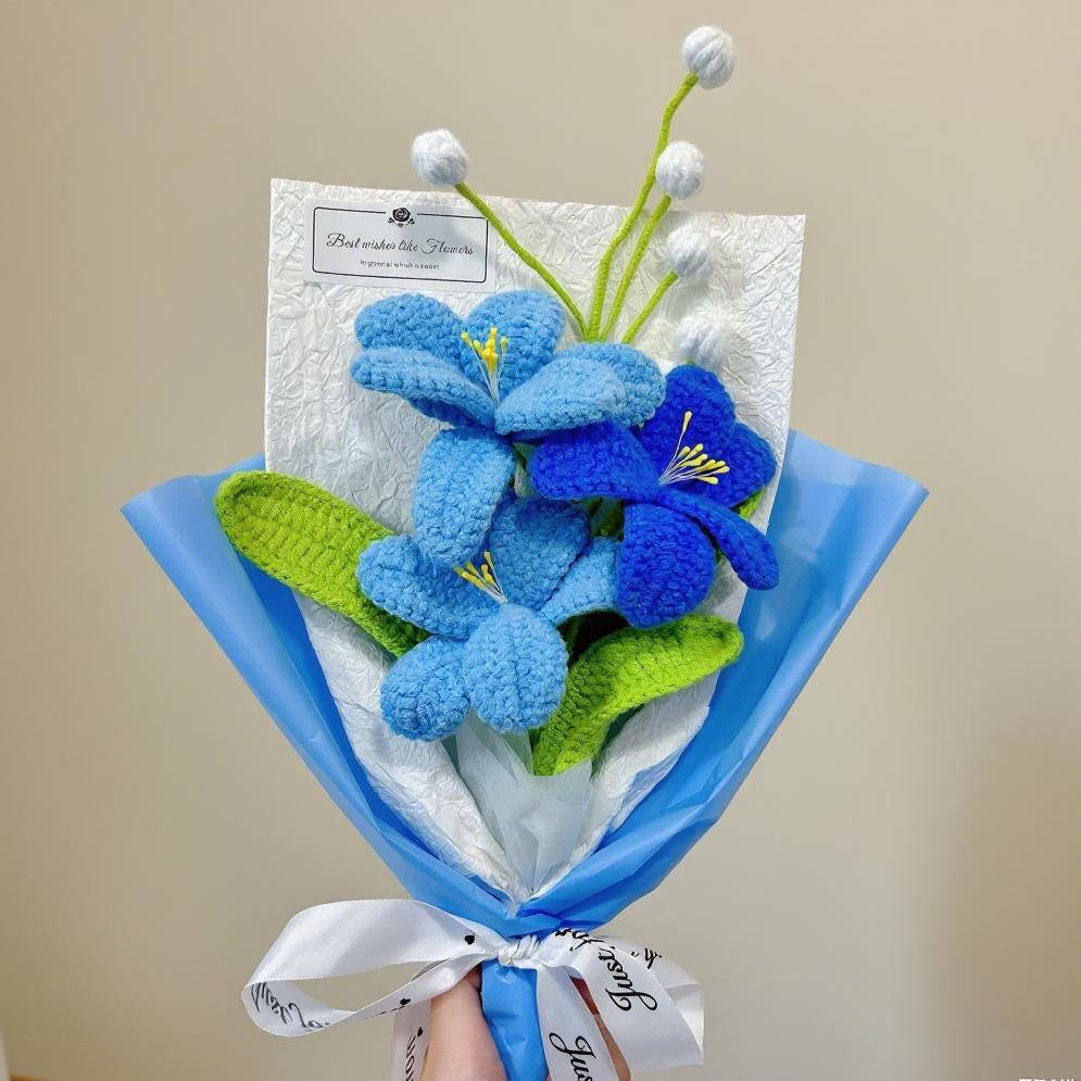 Crochet Blue Flower Bouquet,Handmade Tulip,Lily,Rose Flowers Bouquet,Forever Flowers,Birthday,Anniversary,Congratulate,Appreciation Gifts