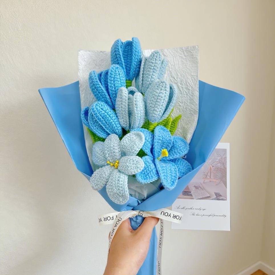Crochet Blue Flower Bouquet,Handmade Tulip,Lily,Rose Flowers Bouquet,Forever Flowers,Birthday,Anniversary,Congratulate,Appreciation Gifts