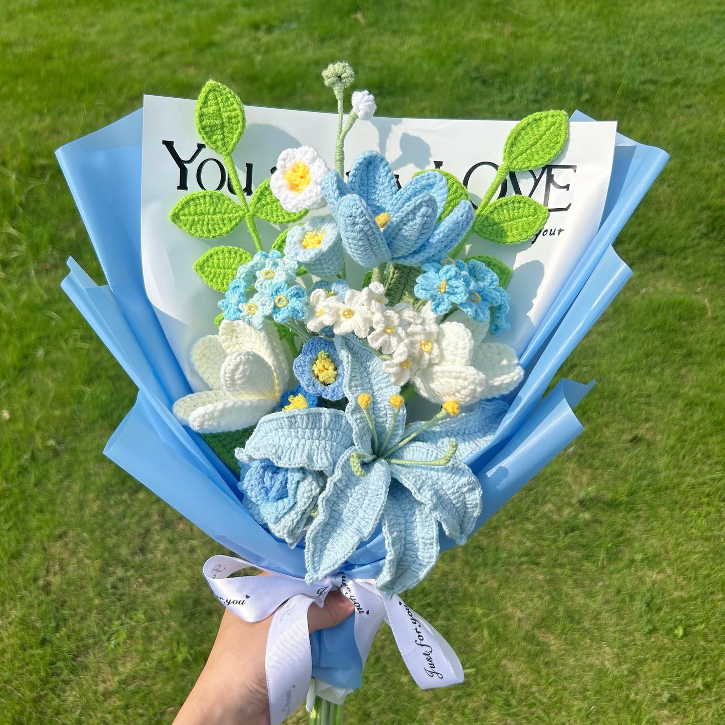 Crochet Purple Lily Flowers Bouquet,Knit Rose,Tulip,lily of the valley Bouquet,Anniversary,Birthday,Wedding gifts for Girlfriend,Wife,Mother