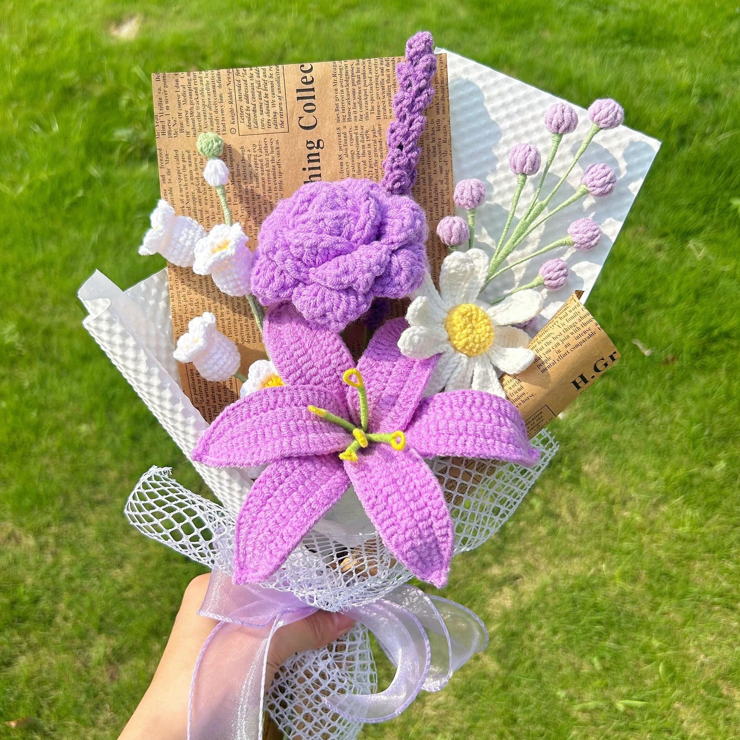 Crochet Purple Lily Flowers Bouquet,Knit Rose,Tulip,lily of the valley Bouquet,Anniversary,Birthday,Wedding gifts for Girlfriend,Wife,Mother