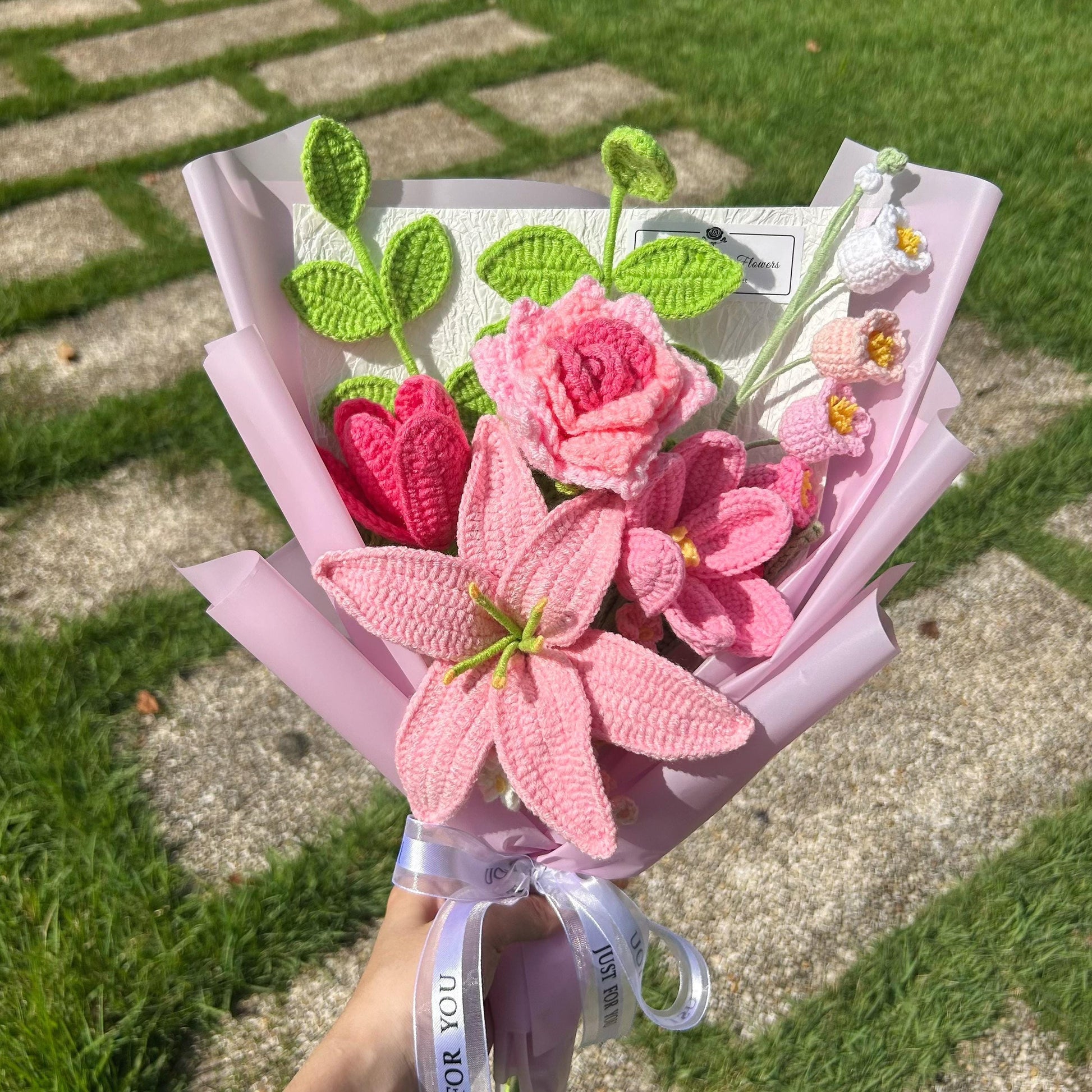 Crochet Pink Lily Flowers Bouquet,Handmade Rose,Tulip,Anniversary,Birthday,Congratulate,Valentine's Day Gift for Girlfriend,Sister,Mom,Lover