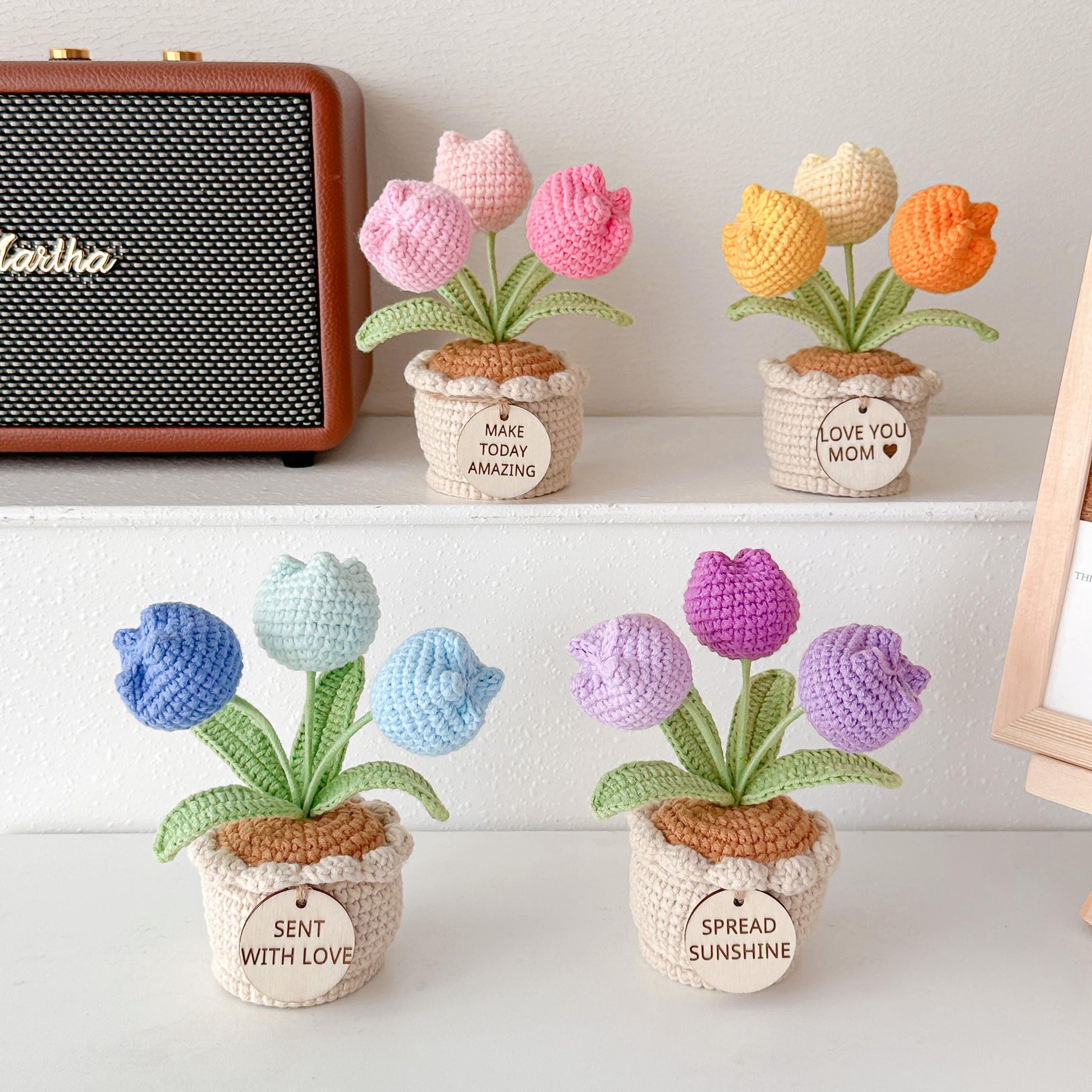 Crochet  Tulip/Rose Flower Pot: Handmade Desk Decor with Positive Affirmation