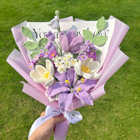 Crochet Purple Lily Flowers Bouquet,Knit Rose,Tulip,lily of the valley Bouquet,Anniversary,Birthday,Wedding gifts for Girlfriend,Wife,Mother