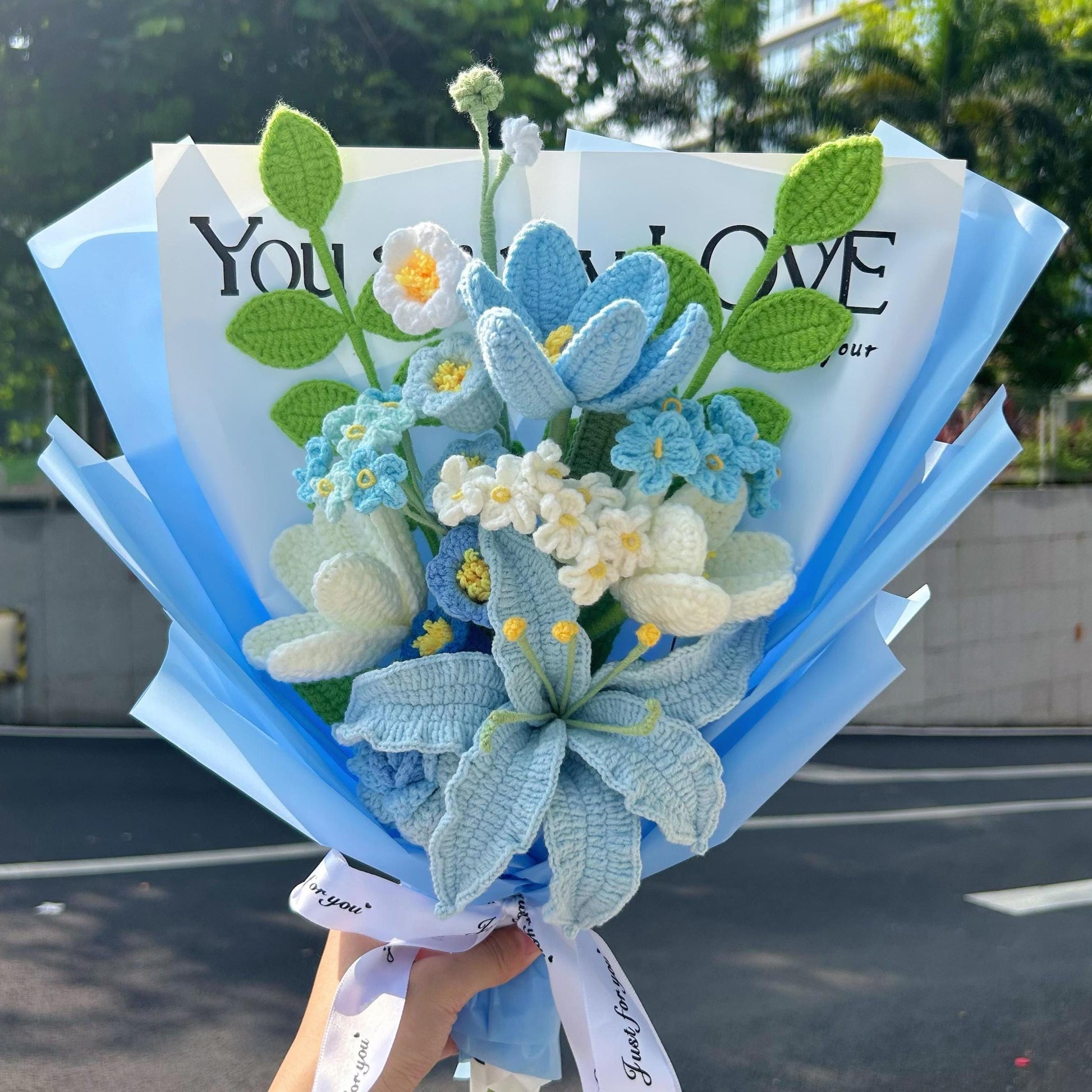 Crochet Blue Lily flowers Bouquet,Handmade Bouquet,Wedding,Anniversary,Graduation,Congratulation gift for girlfriend,Mom,Grandma,Wife,Dad