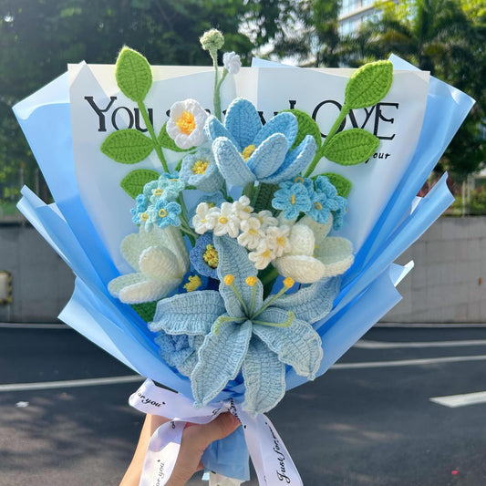 Crochet Blue Lily flowers Bouquet,Handmade Bouquet,Wedding,Anniversary,Graduation,Congratulation gift for girlfriend,Mom,Grandma,Wife,Dad