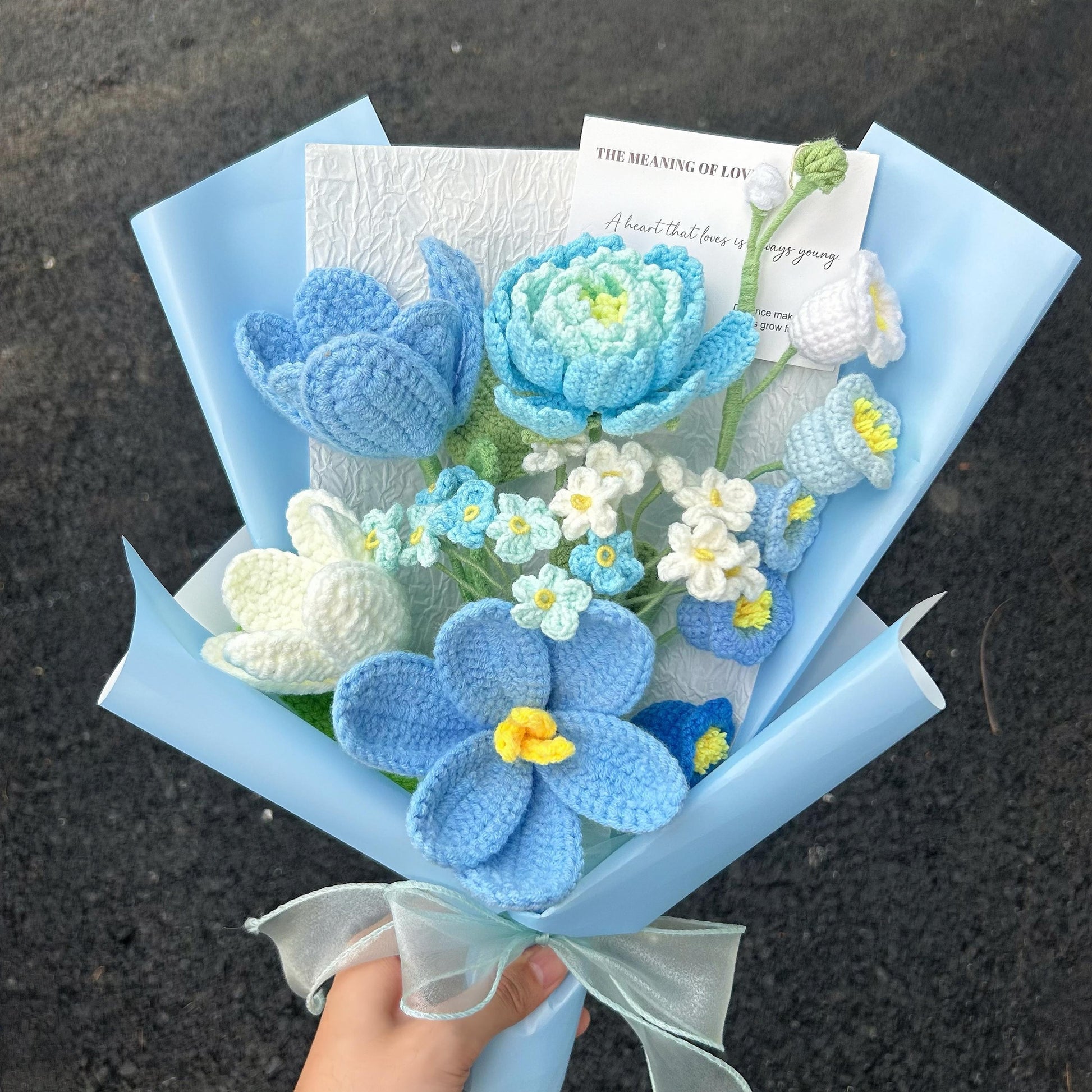 Crochet Blue Flower Bouquet,Tulip,Rose,Peony,Lavender,Forget-me-not,Lily of the valley,Birthday,Congratulation,Anniversary Gifts For Dad,Mom