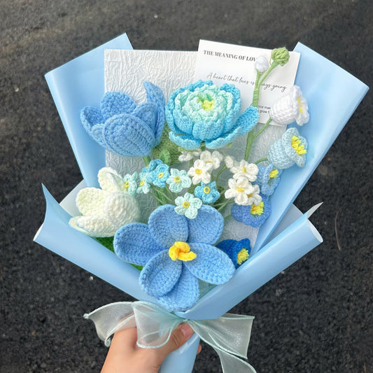Crochet Blue Flower Bouquet,Tulip,Rose,Peony,Lavender,Forget-me-not,Lily of the valley,Birthday,Congratulation,Anniversary Gifts For Dad,Mom