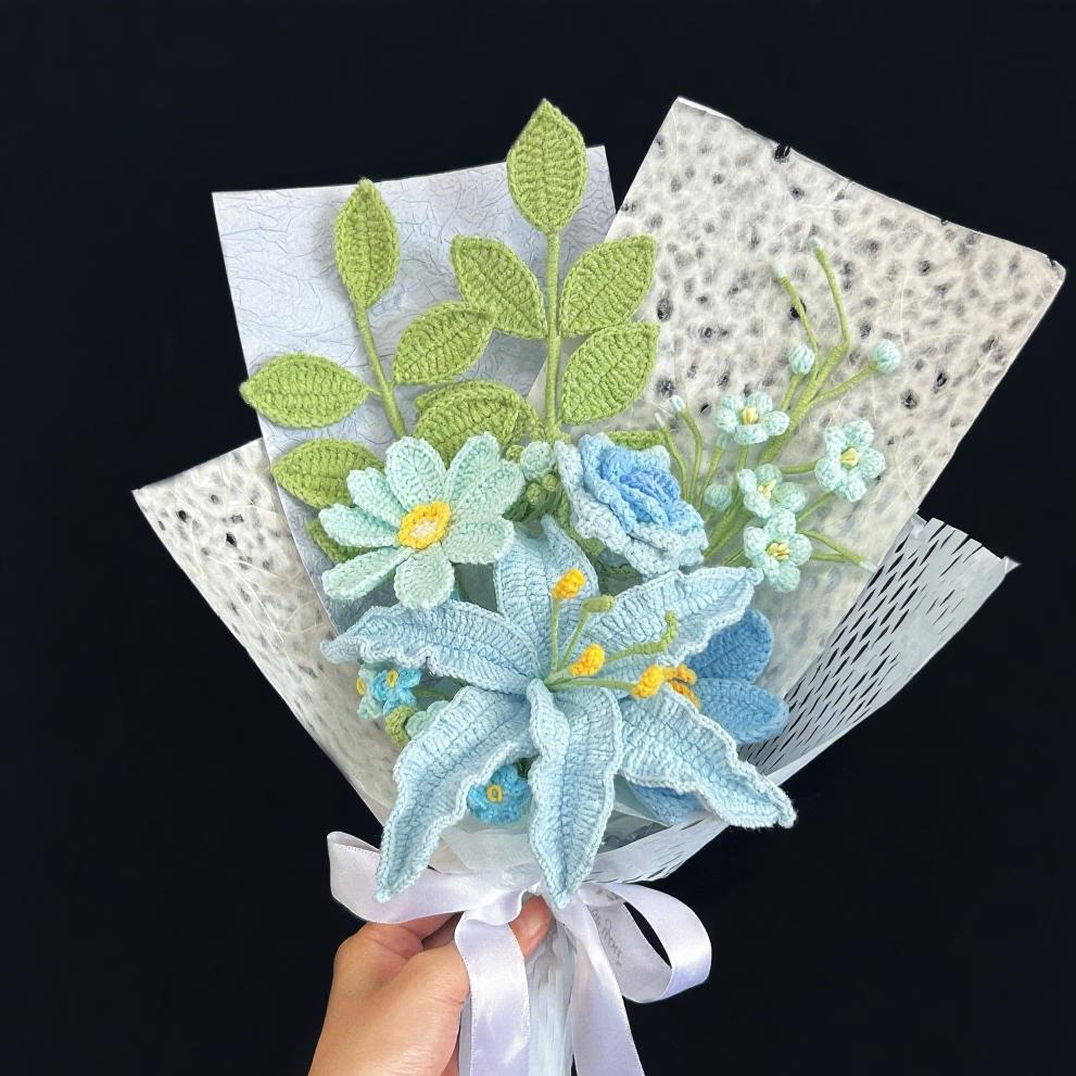 Crochet Blue Flower Bouquet,Handmade Lily,Rose,Tulip,Peony,Lily of the valley Flower Bouquet,Birthday,Anniversary,Congratulation Gift