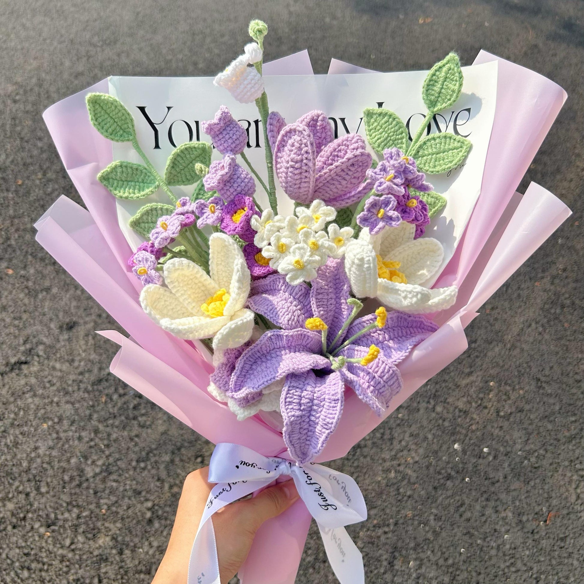 Crochet Purple Flower Bouquet,Forever Flowers,Handmade Lily,Rose,Tulip,Peony,Lily of the valley Flowers Bouquet,Birthday,Anniversary Gift
