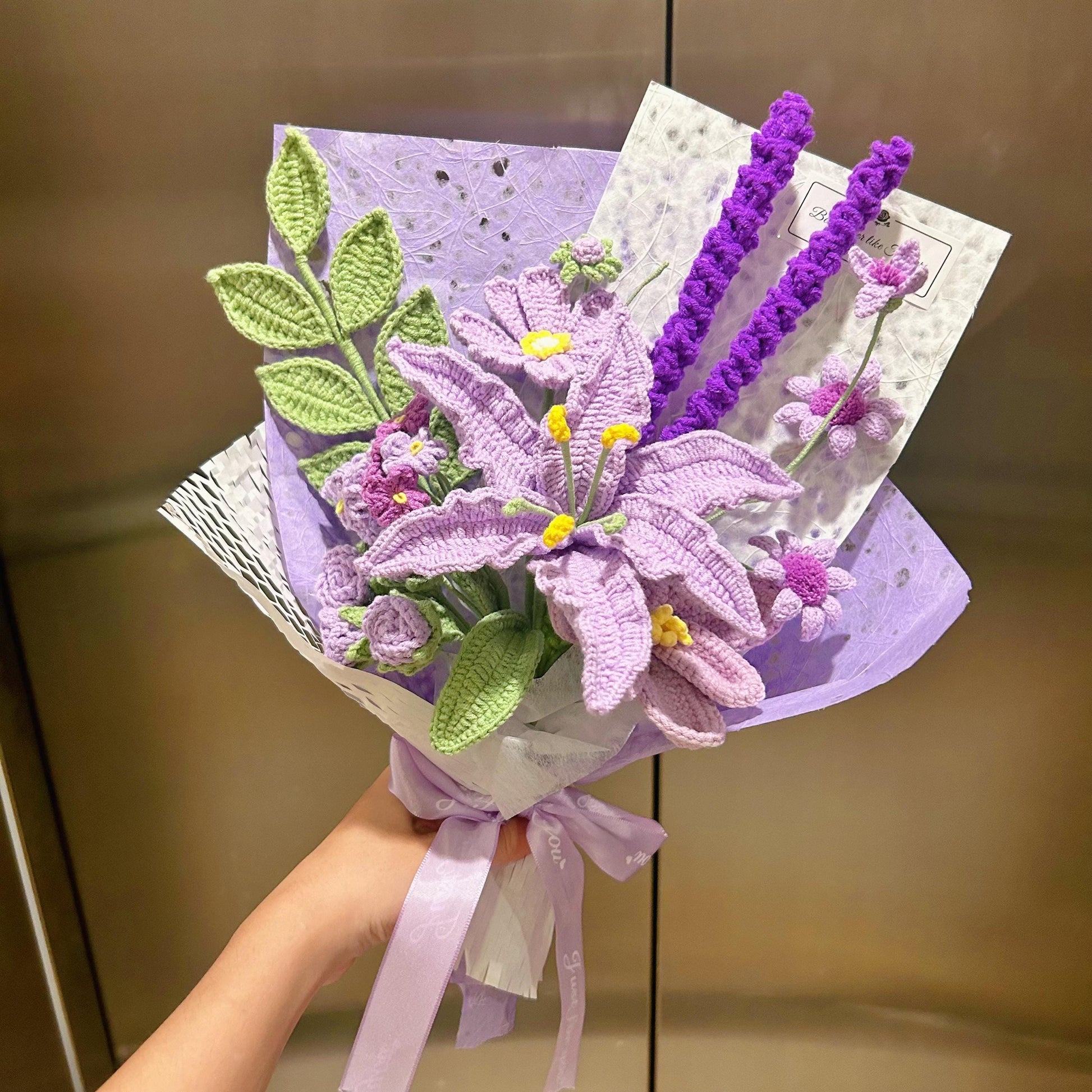 Crochet Purple Flower Bouquet,Forever Flowers,Handmade Lily,Rose,Tulip,Peony,Lily of the valley Flowers Bouquet,Birthday,Anniversary Gift
