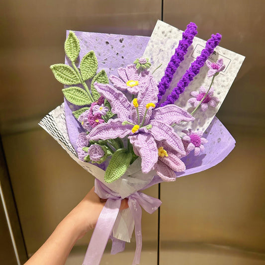Crochet Purple Flower Bouquet,Forever Flowers,Handmade Lily,Rose,Tulip,Peony,Lily of the valley Flowers Bouquet,Birthday,Anniversary Gift