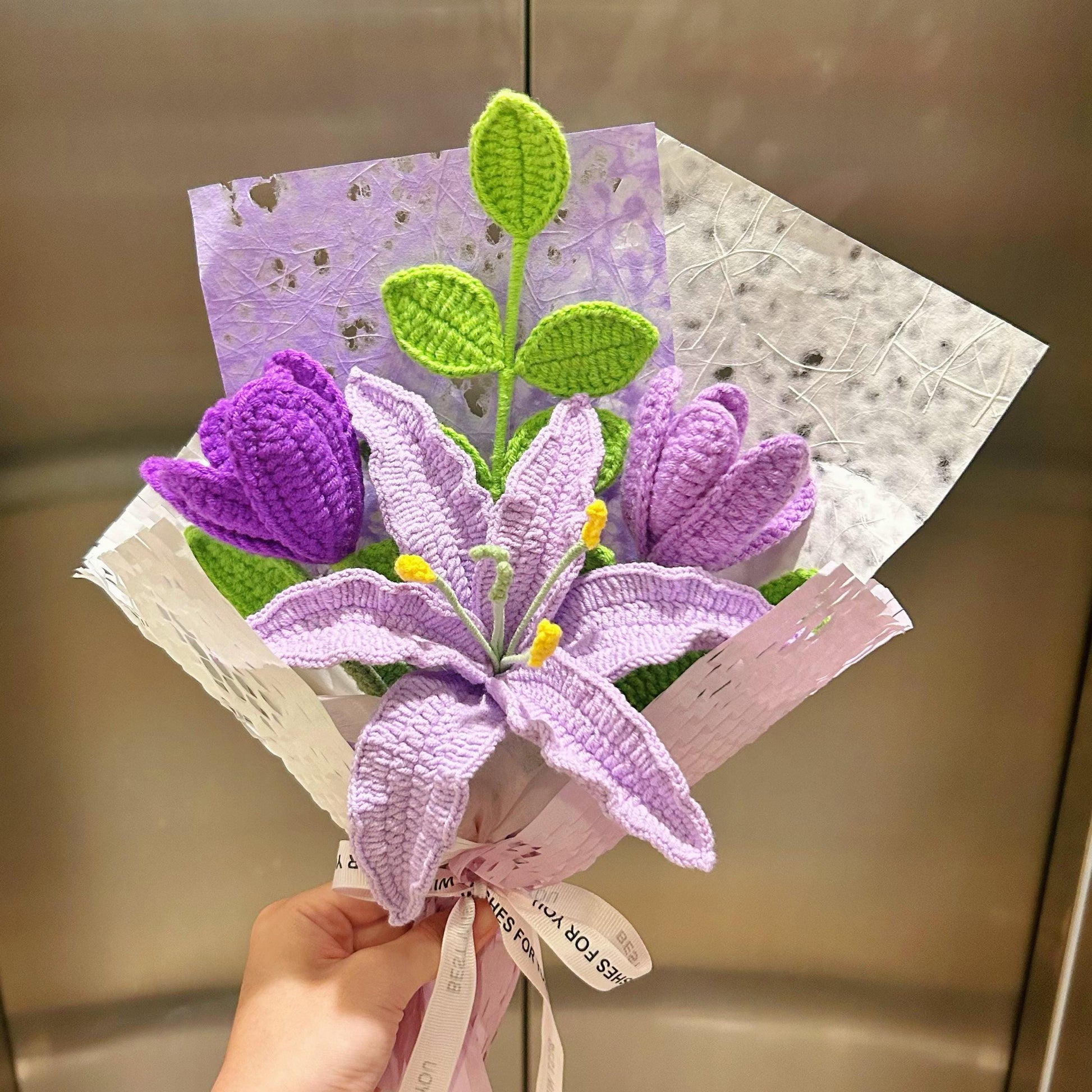 Crochet Purple Flower Bouquet,Forever Flowers,Handmade Lily,Rose,Tulip,Peony,Lily of the valley Flowers Bouquet,Birthday,Anniversary Gift