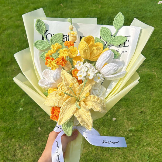 Crochet Yellow Flower Bouquet,Handmade Lily,Rose,Tulip,Peony,Lily of the valley Flower Bouquet,Birthday,Anniversary,Congratulation Gift