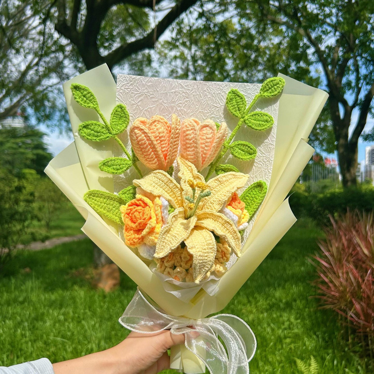 Crochet Yellow Flower Bouquet,Handmade Lily,Rose,Tulip,Peony,Lily of the valley Flower Bouquet,Birthday,Anniversary,Congratulation Gift