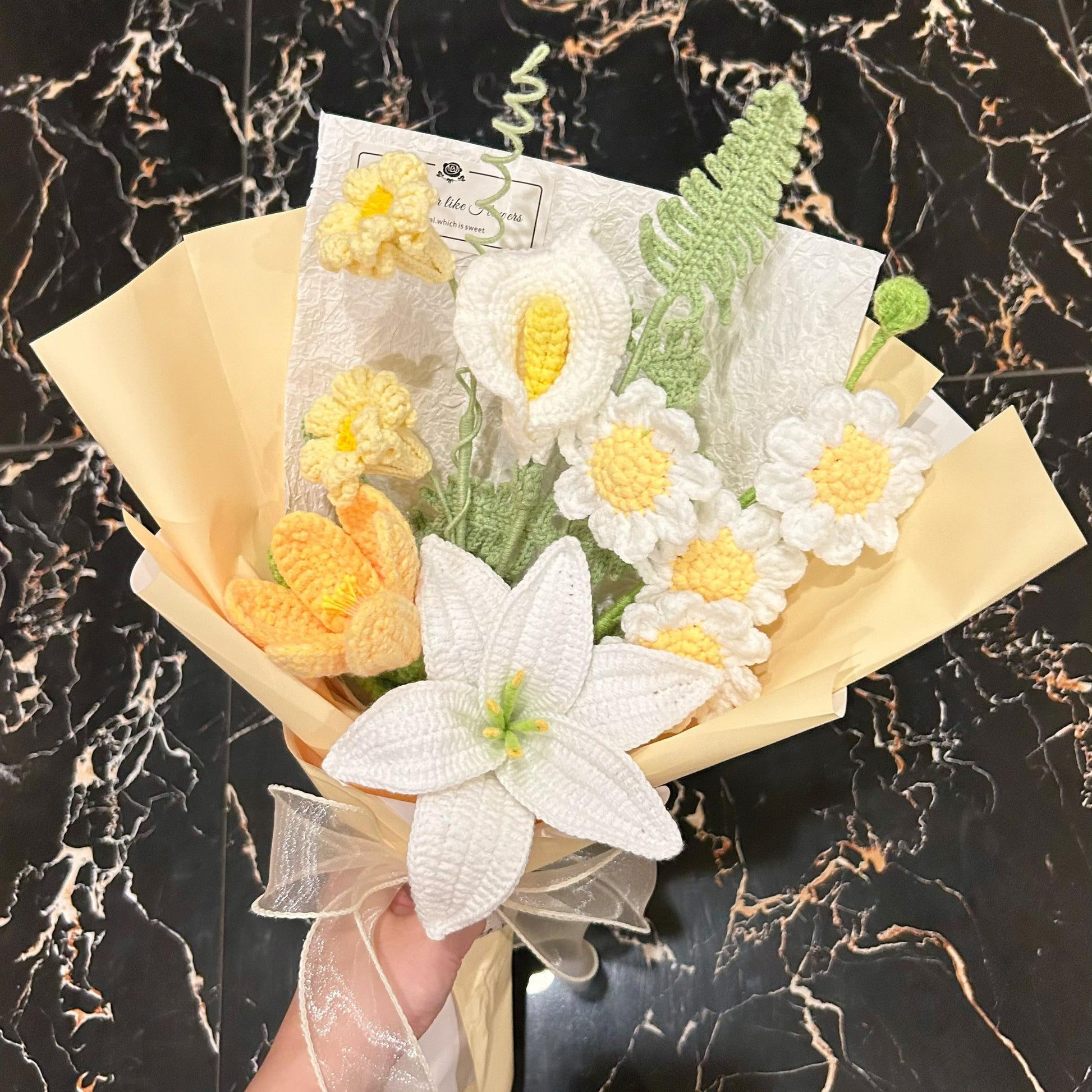 Crochet Yellow Flower Bouquet,Handmade Lily,Rose,Tulip,Peony,Lily of the valley Flower Bouquet,Birthday,Anniversary,Congratulation Gift
