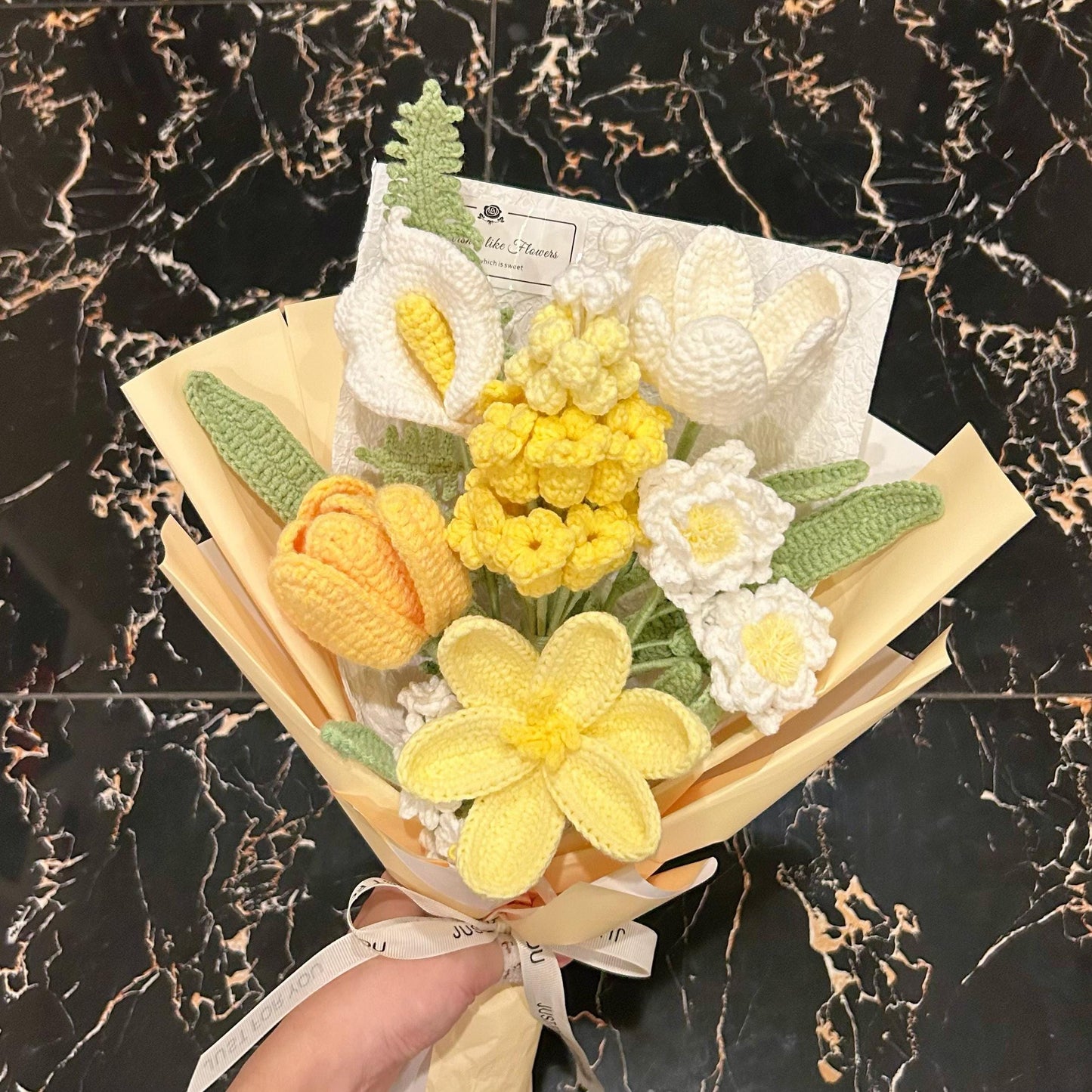 Crochet Yellow Flower Bouquet,Handmade Lily,Rose,Tulip,Peony,Lily of the valley Flower Bouquet,Birthday,Anniversary,Congratulation Gift