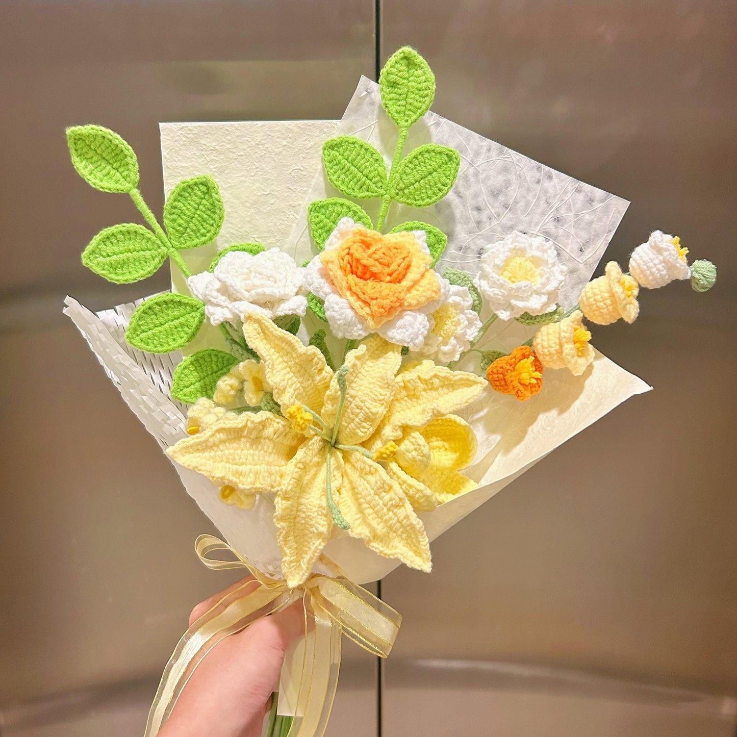 Crochet Yellow Flower Bouquet,Handmade Lily,Rose,Tulip,Peony,Lily of the valley Flower Bouquet,Birthday,Anniversary,Congratulation Gift