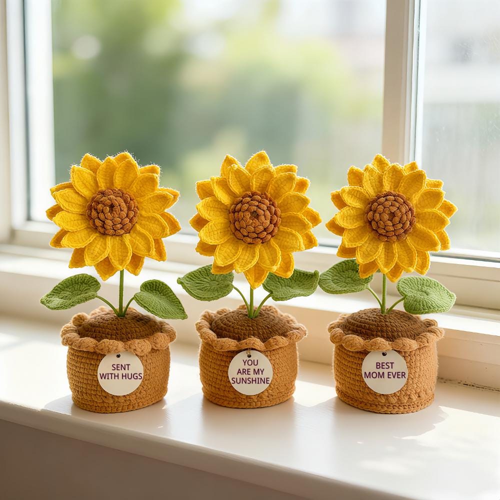 Crochet Sunflower Pot, Personalized Gift, Everlasting Flower Décor