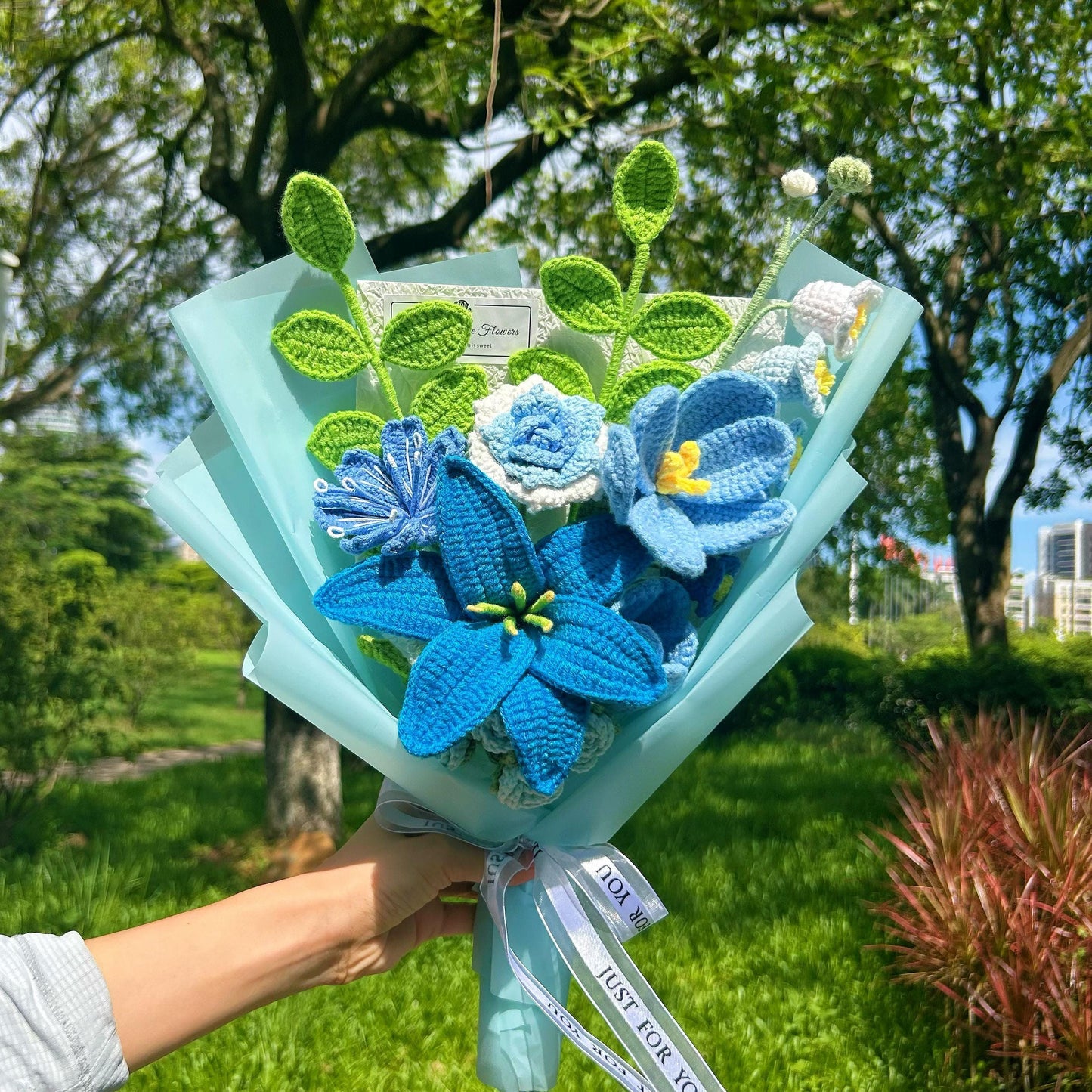 Crochet Blue Flower Bouquet,Handmade Lily,Rose,Tulip,Peony,Lily of the valley Flower Bouquet,Birthday,Anniversary,Congratulation Gift