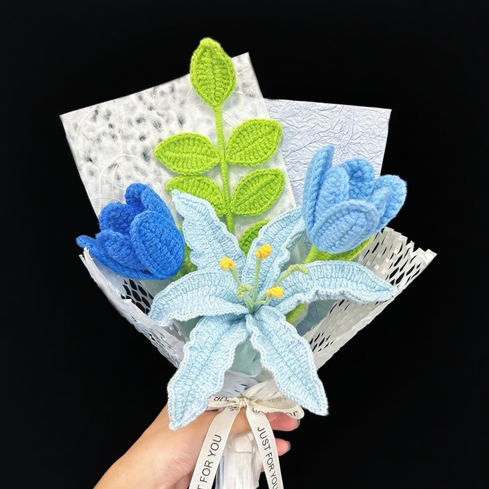 Crochet Blue Flower Bouquet,Handmade Lily,Rose,Tulip,Peony,Lily of the valley Flower Bouquet,Birthday,Anniversary,Congratulation Gift