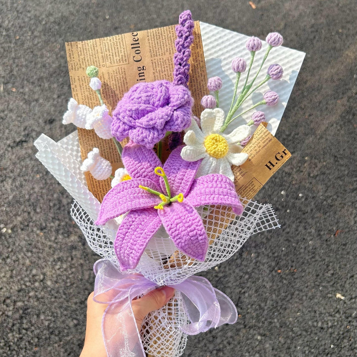 Crochet Purple Flower Bouquet,Forever Flowers,Handmade Lily,Rose,Tulip,Peony,Lily of the valley Flowers Bouquet,Birthday,Anniversary Gift