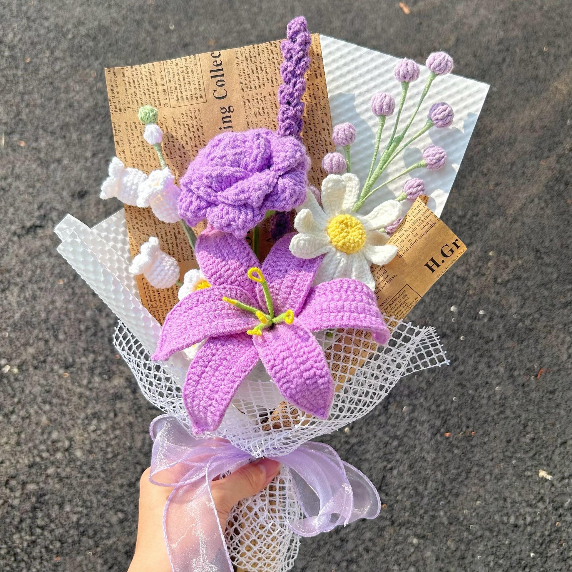 Crochet Purple Flower Bouquet,Forever Flowers,Handmade Lily,Rose,Tulip,Peony,Lily of the valley Flowers Bouquet,Birthday,Anniversary Gift