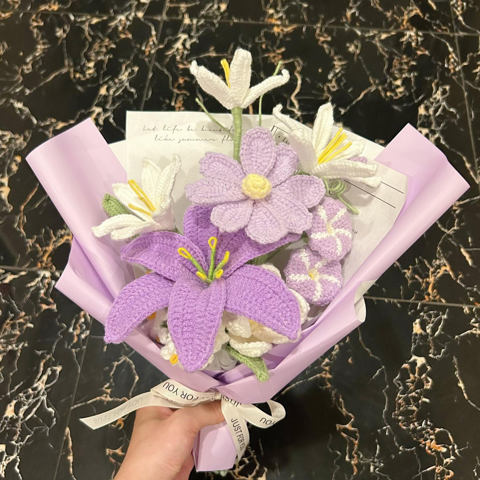 Crochet Purple Flower Bouquet,Forever Flowers,Handmade Lily,Rose,Tulip,Peony,Lily of the valley Flowers Bouquet,Birthday,Anniversary Gift