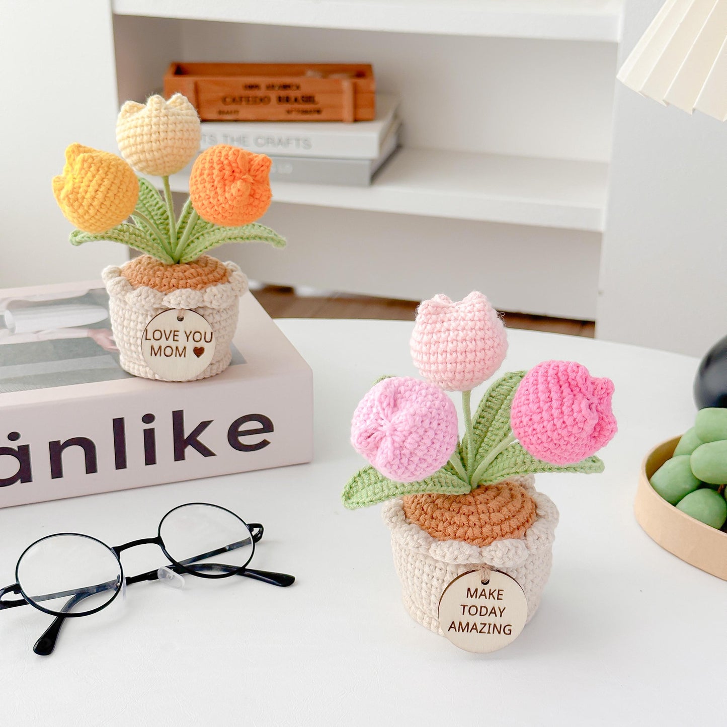 Crochet  Tulip/Rose Flower Pot: Handmade Desk Decor with Positive Affirmation