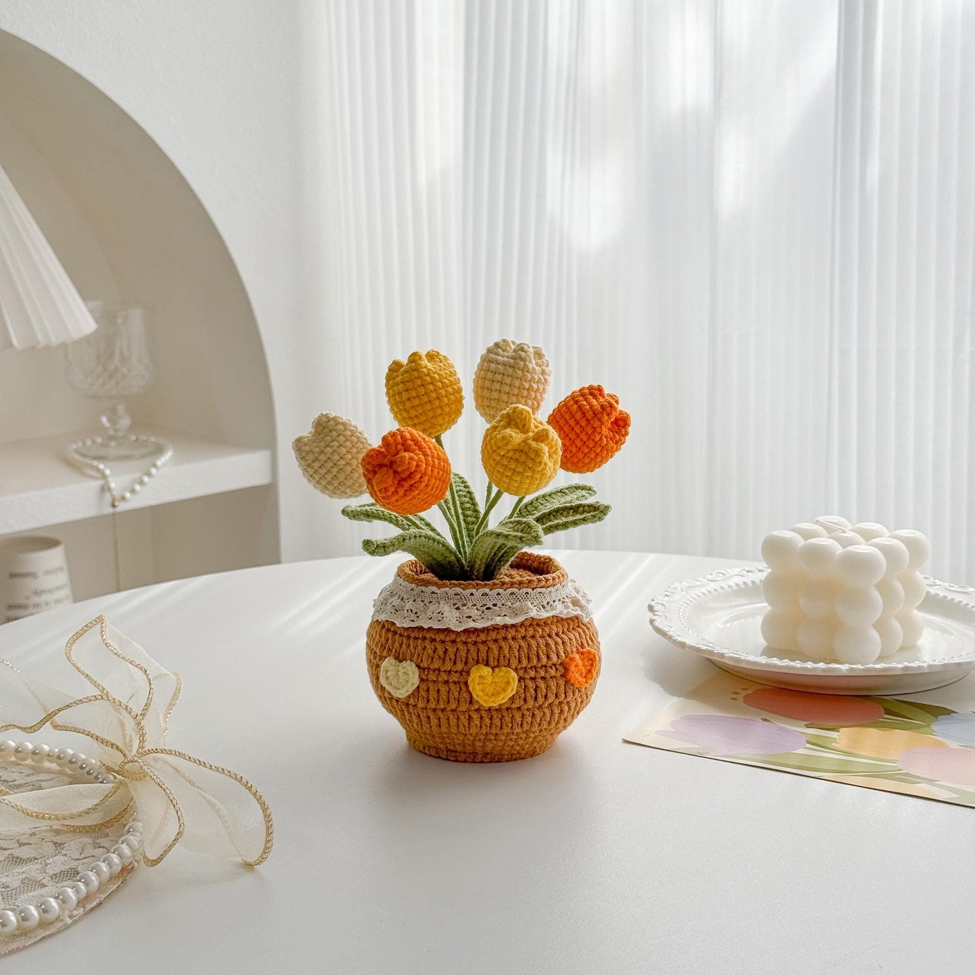 Crochet Tulip in Pot: Handmade Desk Decor with Positive Affirmation