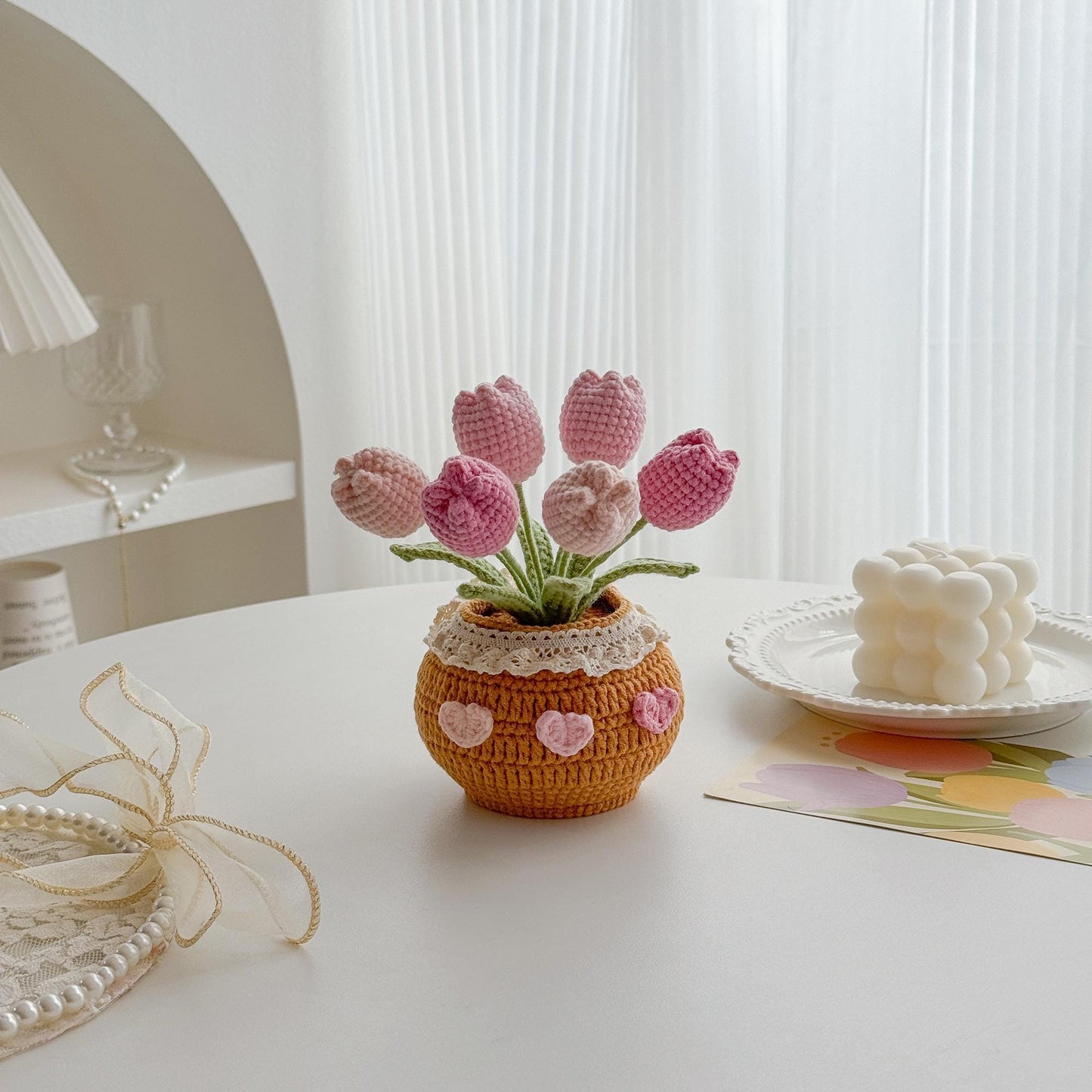 Crochet Tulip in Pot: Handmade Desk Decor with Positive Affirmation